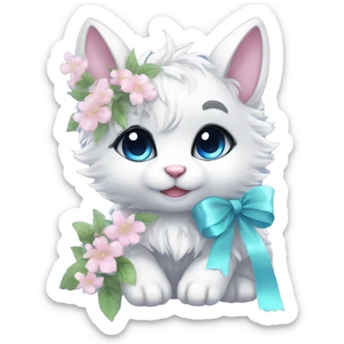 Anthro Cute Cool Blushing Pastel Innocent Shy Kawaii gorgeous sparkly ethereal fantasy animal creature with blue eyes furry sona with flowers and ribbons beautiful aesthetic sticker
