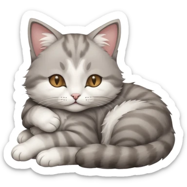 1 grey and white small cat with its eyes closed lying down leaning on its elbow with its paw curled under its head holding it up sticker