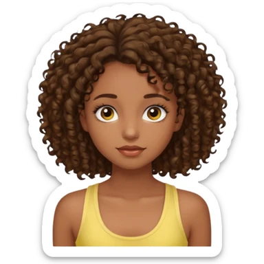girl with dark skin and brown curly hair, long eyelashes, wearing a light yellow tank top sticker