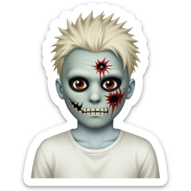 zombie boy with spiky emo hair and white shirt emoji and 

He wears an anonymous mask on half his face and has wounds on the other half. sticker