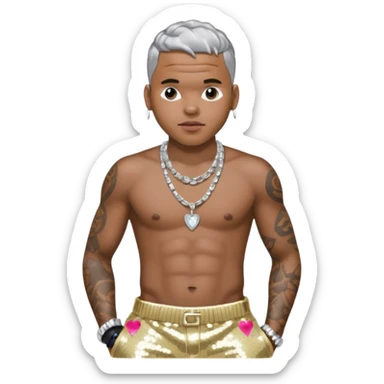 Chris Brown with silver sequin baggy pants, shirtless with necklace sticker