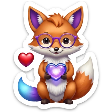 A small magical fox with shimmering purple and blue fur, a glowing fluffy tail, a silver star on its forehead, and round glasses, holding a tiny magical lantern, hugging a big red heart and smiling warmly. 🦊❤️ sticker