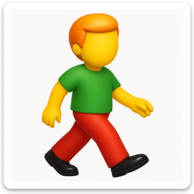 Make a more emoji-like image that looks exactly like the reference: walking man, no face, orange hair, green shirt, moderate red pants, black shoes, 3D iOS emoji style. Add a glossy effect to the shoes. sticker