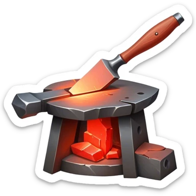 Blacksmithing icon, forged metal piece being shaped with hammer and anvil, glowing red-hot metal, blacksmith tools like tongs and chisel, sparks flying, minimalistic style, clean lines, transparent background. sticker