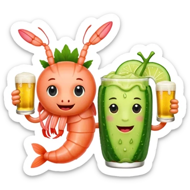Create a modern emoji-style illustration of two shrimp characters, friendly and cool, slightly cartoon but stylish, not childish.
They are toasting (‘salud’), one shrimp holding a beer mug with aguachile topping, the other holding a fresh aguachile bowl with cucumber and chili.
  sticker
