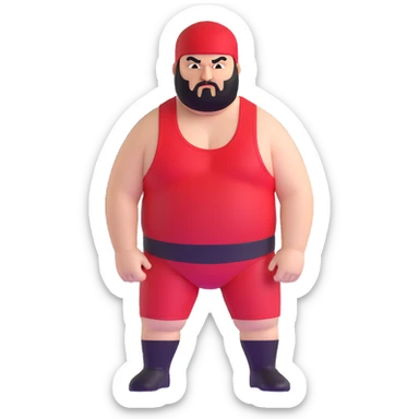 White skin fat guy with prominent black durag, shaved beard stubble, black eyes in a red and black wrestling singlet with angry face sticker