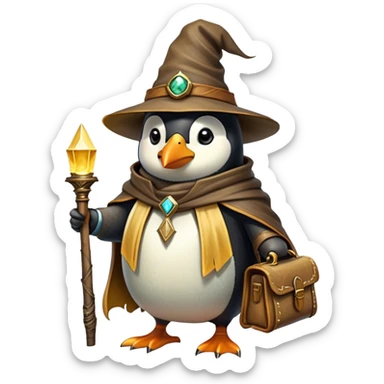 A wizard-explorer penguin inspired by Indiana Jones, wearing a weathered yellow enchanted hat and a flowing cape. It carries a leather satchel with ancient scrolls and holds a glowing magical relic. Cartoon-style, smooth shading, highly detailed, no background sticker