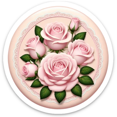 A round light cream colored button with light pink damask lace and white roses sticker