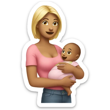 A woman with a baby in her arms, holding a bra sticker