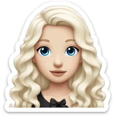 pale blonde girl with long platinum white wavy hair with bright blue eyes and wearing a light pink hair bow holding a black  sticker