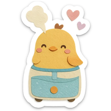 chibi humidifier-bird hybrid releasing heart-shaped mist, gentle smile, soft pastel colors, full-body sticker