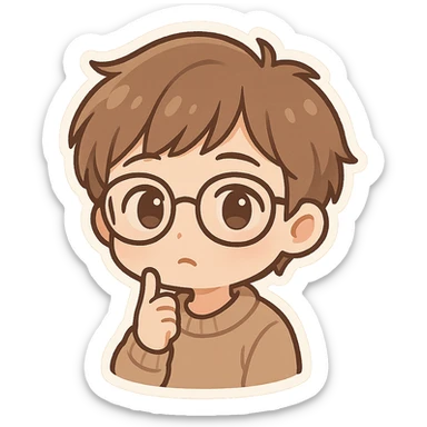 joven chibi de cabello castaño claro y piel clara, con gafas y gesto de estar pensando sticker