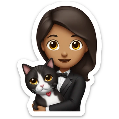 dark brown hair girl holding a longhair tuxedo cat sticker