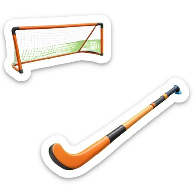 Hockey on grass. A field hockey stick and ball resting on a well-maintained grass field, with the goalposts and markings visible in the background. The scene highlights the precision and focus of the sport, with the vibrant green pitch creating a dynamic atmosphere. sticker