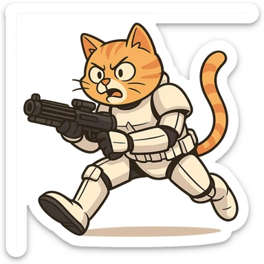 stormtrooper cat in a dynamic battle pose sticker