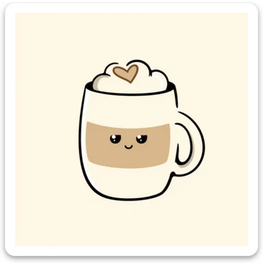 latte with heart foam and a cute face, caramel beige and coffee brown, dreamy hand-drawn Japanese style sticker