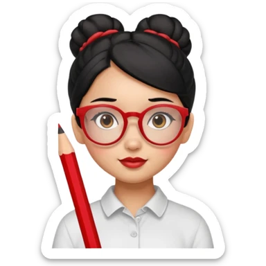 Morena girl with black hair that's in a bun style, with a pencil holding the bun in place. she has a cute rectangular red glasses sticker
