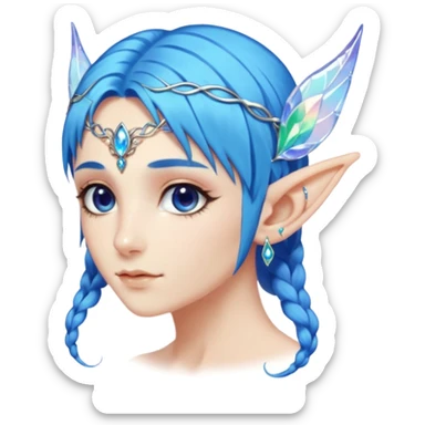 portrait of blue haired Elvish fae shiny sparkly iridescent translucent diaphanous ear climber ear cuff sticker