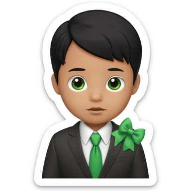baby boy black hair in suit, with green bow sticker
