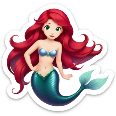 Ariel mermaid from hips up, green tail, red hair, minimal style, larger size sticker