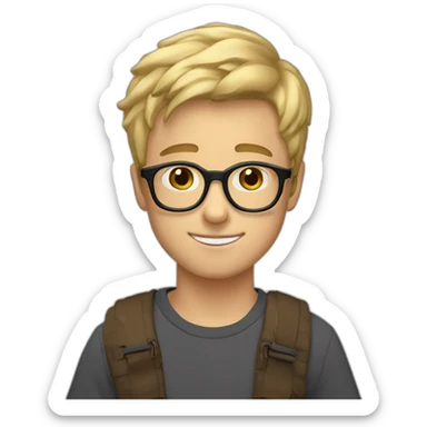 a 17 years old boy with short blonde hair and rectangle glasses and he have a kinder country  sticker
