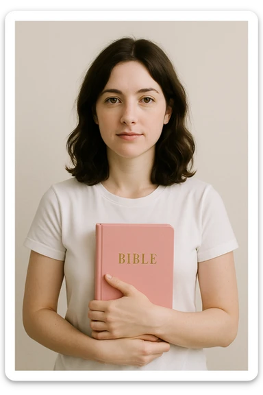 A pale brunette woman with shoulder-length wavy brunette hair, wearing a white t-shirt, holding a pink Bible, simple background sticker