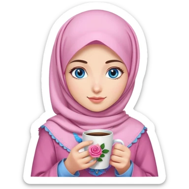 Turkish beautiful finish Konya girl blue eyes with pink and light purple denim hijab islamic dress and had on her hand Rose coffee   sticker
