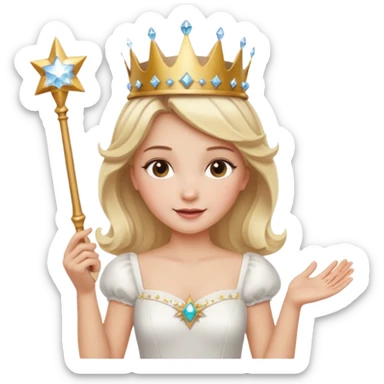 dorothy queen blonde hair, white dress with magic wand, rounded sparcle, and crown on head. sticker