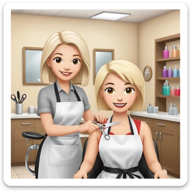 friendly and cheerful salon scene with a woman client smiling in chair wearing an apron and a female hairstylist smiling behind her holding scissors, bright and positive atmosphere sticker