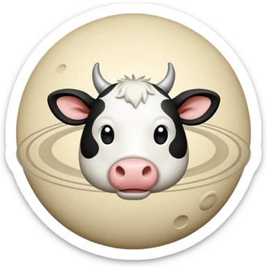 Cartoon cow face on one side of planet Saturn, with the planetary rings around the middle and tiny cow legs sticking out from the bottom sticker