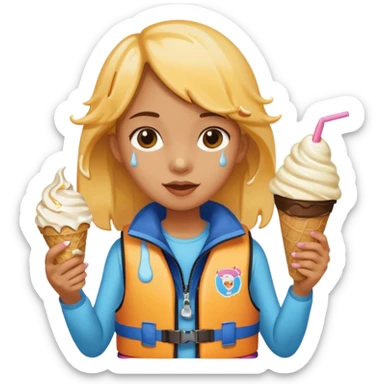 girl kid wearing lifejacket, holding ice cream sticker