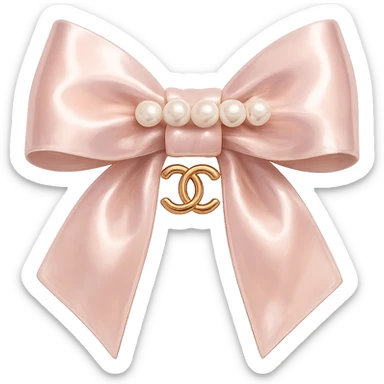 Remove the background, keep only the elegant bow with pearls and gold Chanel logo, glossy, pastel colors, realistic style, with no background. sticker