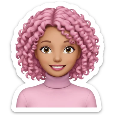 a woman with white long sleeve turtle neck top and smile, her hair is long curly and the color is black, her eyes color are black and the color of her lip is soft pink sticker