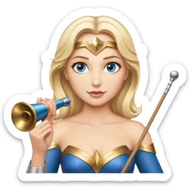 Blonde blue eyed Wonder Woman holding white orchestra conductor’s baton and bell sticker