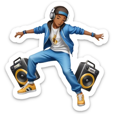 Icon for Street Dance: a dancer in urban streetwear performing a dynamic lower breakdance move, with a spray-painted background, headphones, and a boombox on the asphalt. The icon should capture the energy, style, and creativity of street dance culture. Transparent background. sticker