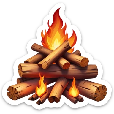 Cinematic Realistic Campfire, a roaring flame crackling atop carefully arranged logs, embers glowing deep red, golden light casting soft flickering shadows, gentle smoke drifting upwards, glowing with warmth and coziness. sticker