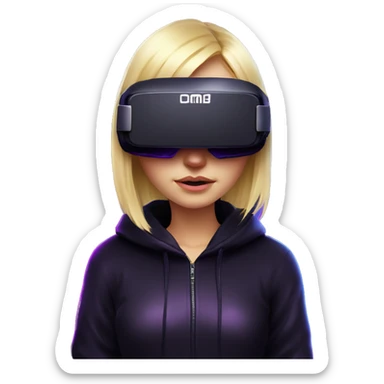Russian cute blond girl wearing black hoody with violet letters "OMG", in vr headset. Cyberpunk style. Violet neon. sticker