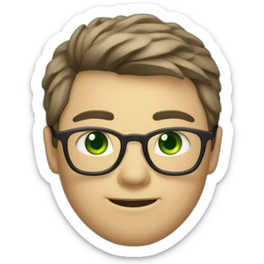 Chatty man, short hair, small thin glasses, green eyes, with dark sweet, geeky sticker