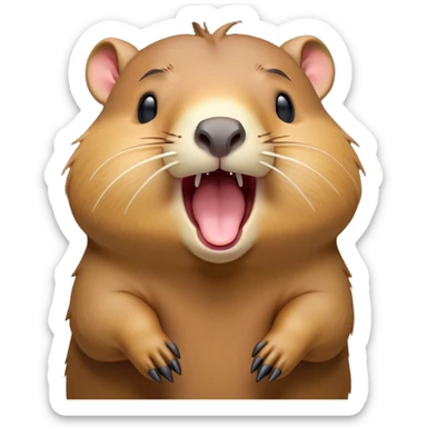 Cinematic Cute Yawning Capybara Portrait Emoji, Head tilted slightly with a dramatic, wide-open yawn, showcasing a plush, rounded body with drowsy, half-closed eyes and a relaxed expression, Simplified yet irresistibly adorable features, highly detailed, glowing with a soft, cozy natural glow, high shine, relaxed yet expressive, stylized with a dash of whimsical charm, soft glowing outline, capturing the essence of a drowsy yet affectionate guardian that seems ready to stretch out for a nap! sticker