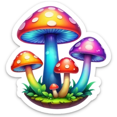 A round psychedelic colored button with bezeled edges and rainbow colored mushrooms sticker