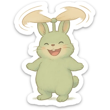 fluffy bunny fan, ears spinning as blades, cheerful face, pastel green, full-body sticker