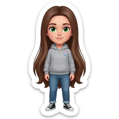 Person with brown hair that goes to their mid back, green eyes a hoodie, jeans and converse with a non binary flag pin sticker