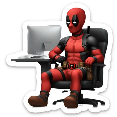 Cute Deadpool sitting at a desk, front view sticker