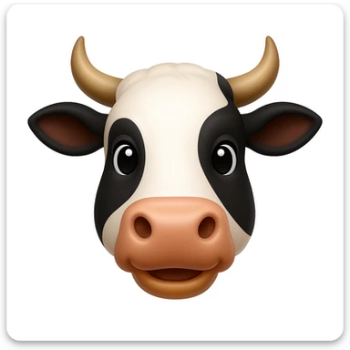 Create a cow face emoji that looks exactly like the reference image, in iOS emoji style. The emoji should have 3D appearance, shiny surface, smooth gradients, soft shadows, a friendly expression, black and white markings, and horns. Add a subtle highlight to the nose. sticker
