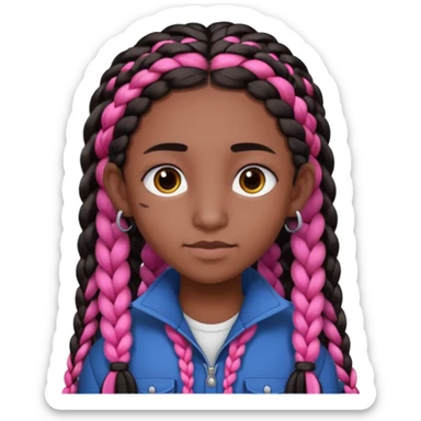 arikan, dark long hair whit pink 
and black braids. brown skin, smal round face and a big nose sticker
