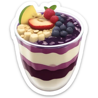 Açaí in a clear cup with layers of fruits and granola and condensed milk sticker