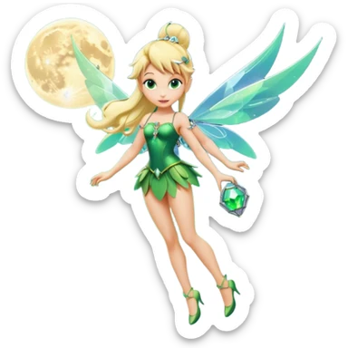 Isolated, 3D rendering, Tinkerbell with futuristic cyberpunk style and colors, ultra detailed wings, flying above the fluffy clouds near the moon, blonde long shiny hair,  emerald jewel green eyes, overall design to have bright, vivid colors, full body view. sticker