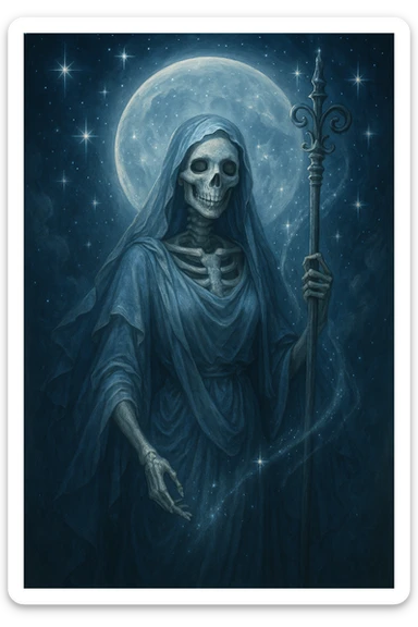 goddess skeleton, serene expression, holding a staff, moon and stars, magical energy sticker