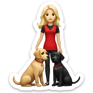 Blonde lady with long hair holding a black Labrador with a red collar  sticker