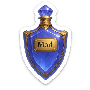 Premium class, extremely luxurious crystal elixir bottle in shield shape, color #7986cb, with inscription 'Mod', enhanced glow, edges, ornaments, golden details, subtle magical effects, unique shape accents, transparent background, beautiful seamless bottom, bottle clearly floating in air without base or shadow, very luxurious, modern, fits collection. sticker